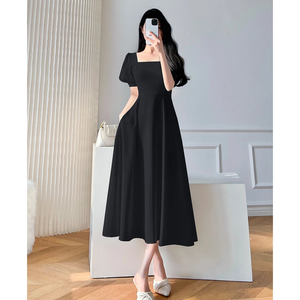 Retro women's long dress party ball bubble sleeves square collar temperament slim fit long dress summer clothing