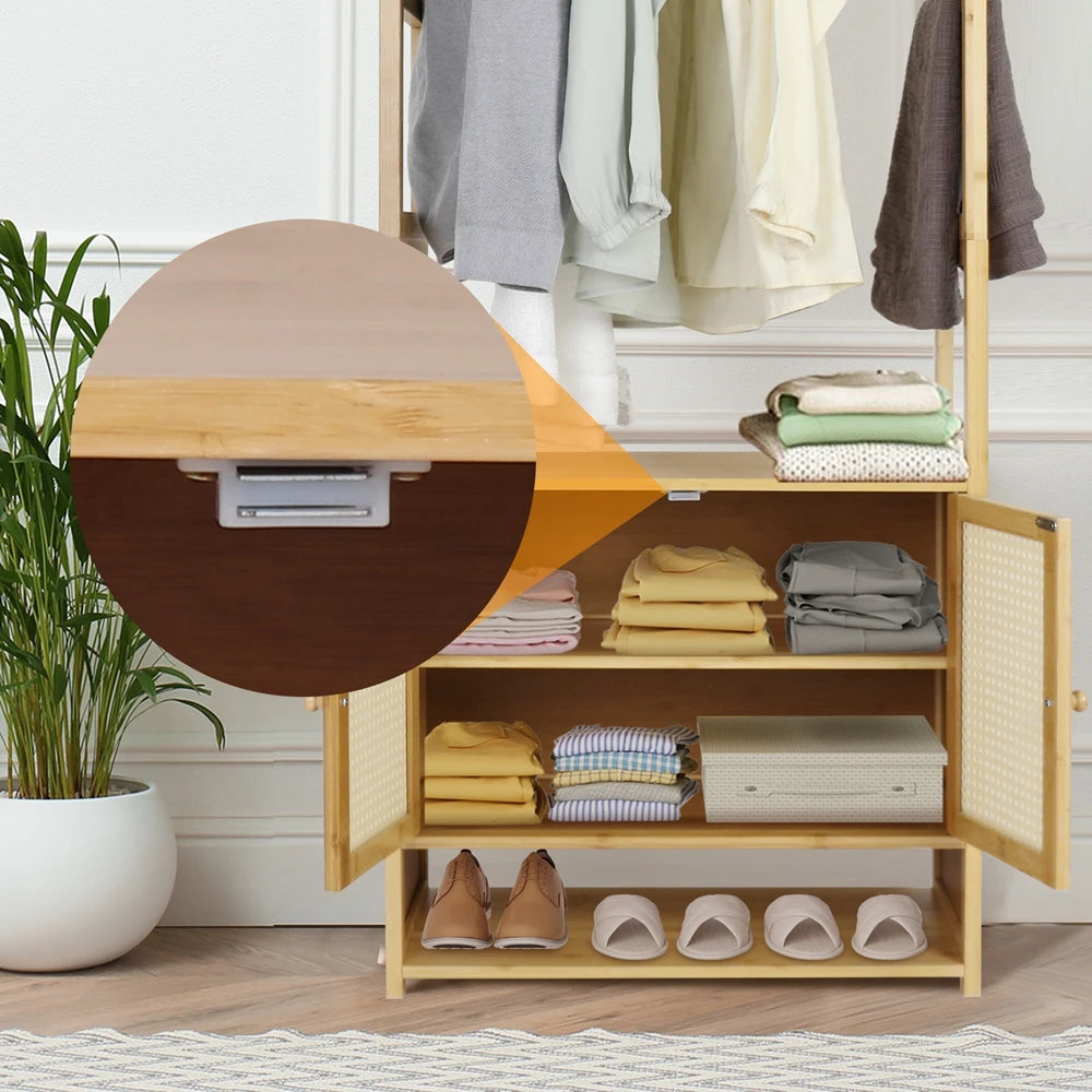 Free Standing Bamboo Clothes Rack Garment Coat Stand Shoe Storage Cabinet Shelf
