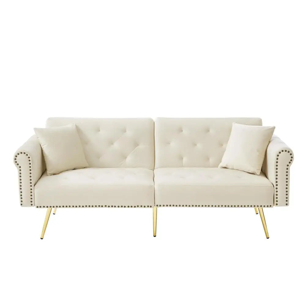 PINGGO Modern 2-Seater Sofa Bed – Velvet Upholstery, 3-Stage Adjustable Backrest & Gold-Plated Metal Feet Stylish Sofa