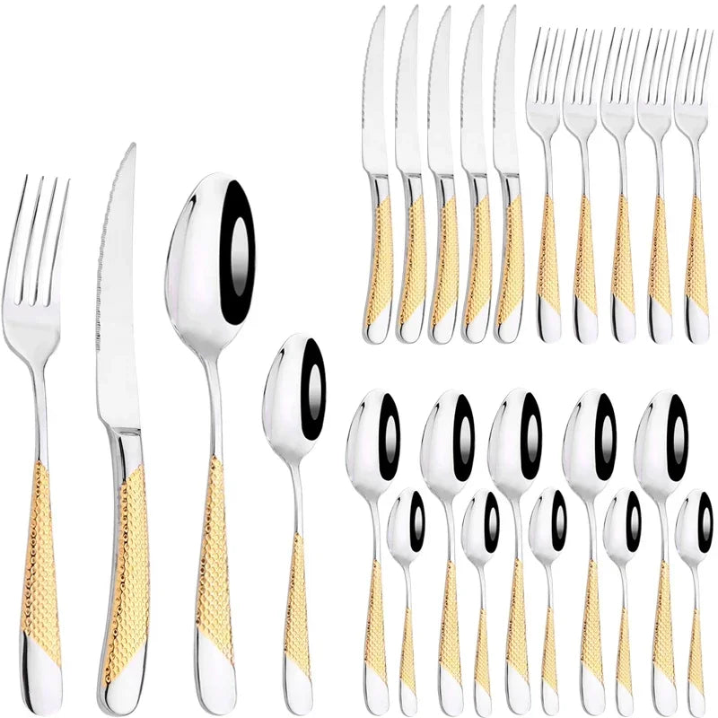 24Pcs Cutlery Set Stainless Steel Knife Fork Spoon Dinnerware Western Tableware Set Kitchen Flatware Dinner Silverware Table Set