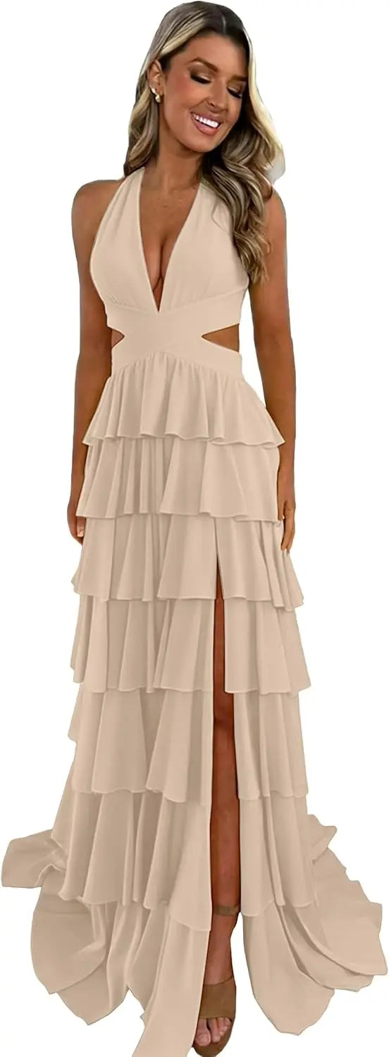 Customized Halter Tiered Ruffle Prom Dresses for Women 2026 Strapless Chiffon Long Formal Evening Party Gowns with Slit