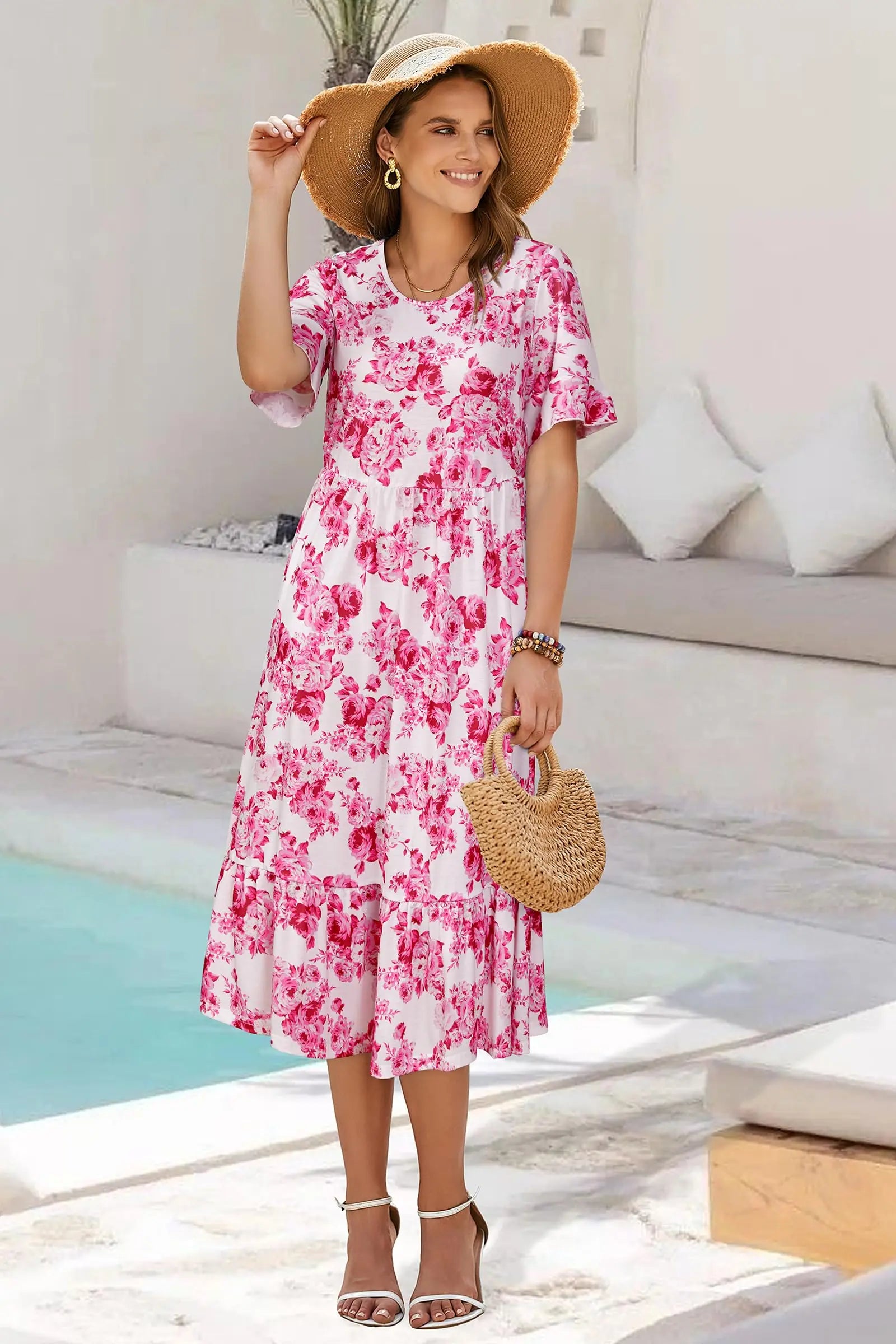 Women Summer Dress Floral Short Sleeve Casual Swing Midi Dress With Pockets