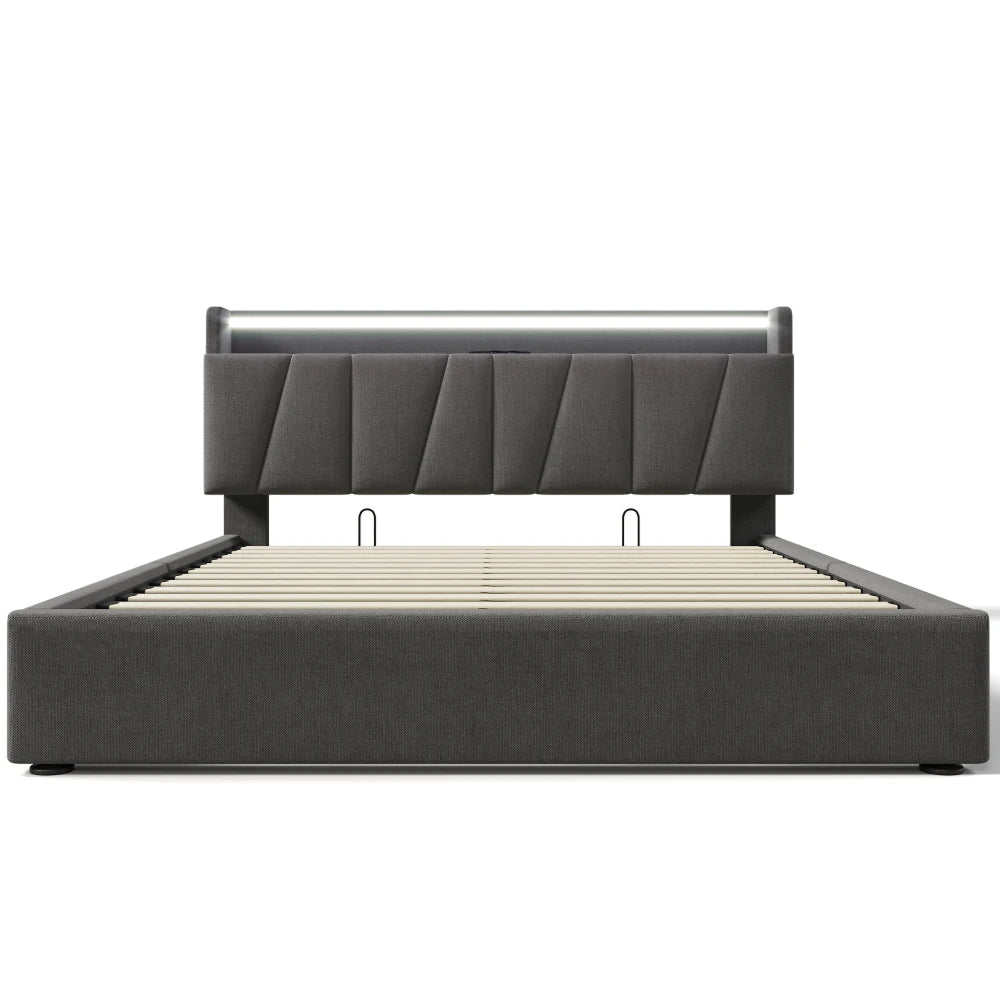 PINGGO Upholstered Double Bed with USB Charging Storage Headboard LED Lighting Bed Frame Wooden Slatted Grey (No Mattress)