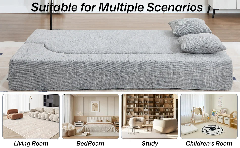 76” Convertible Sofa Bed, Full Size Sleeper Couch, Grey| Boneless Folding Loveseat, Deep Seat, Soft Chenille, 2 Pillows, No Assembly, for Guest Living Room Bedroom