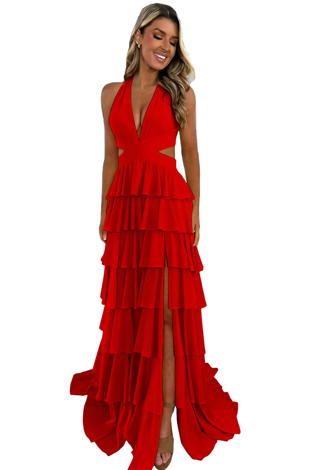 Customized Halter Tiered Ruffle Prom Dresses for Women 2026 Strapless Chiffon Long Formal Evening Party Gowns with Slit