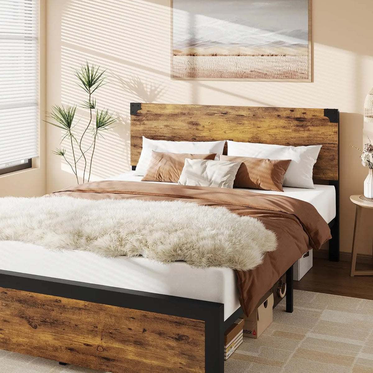 UK King Size Bed with Wooden Headboard, Platform King Bed Frame with Under-Bed Storage and Metal Legs, Noise-Free, No Box Spring