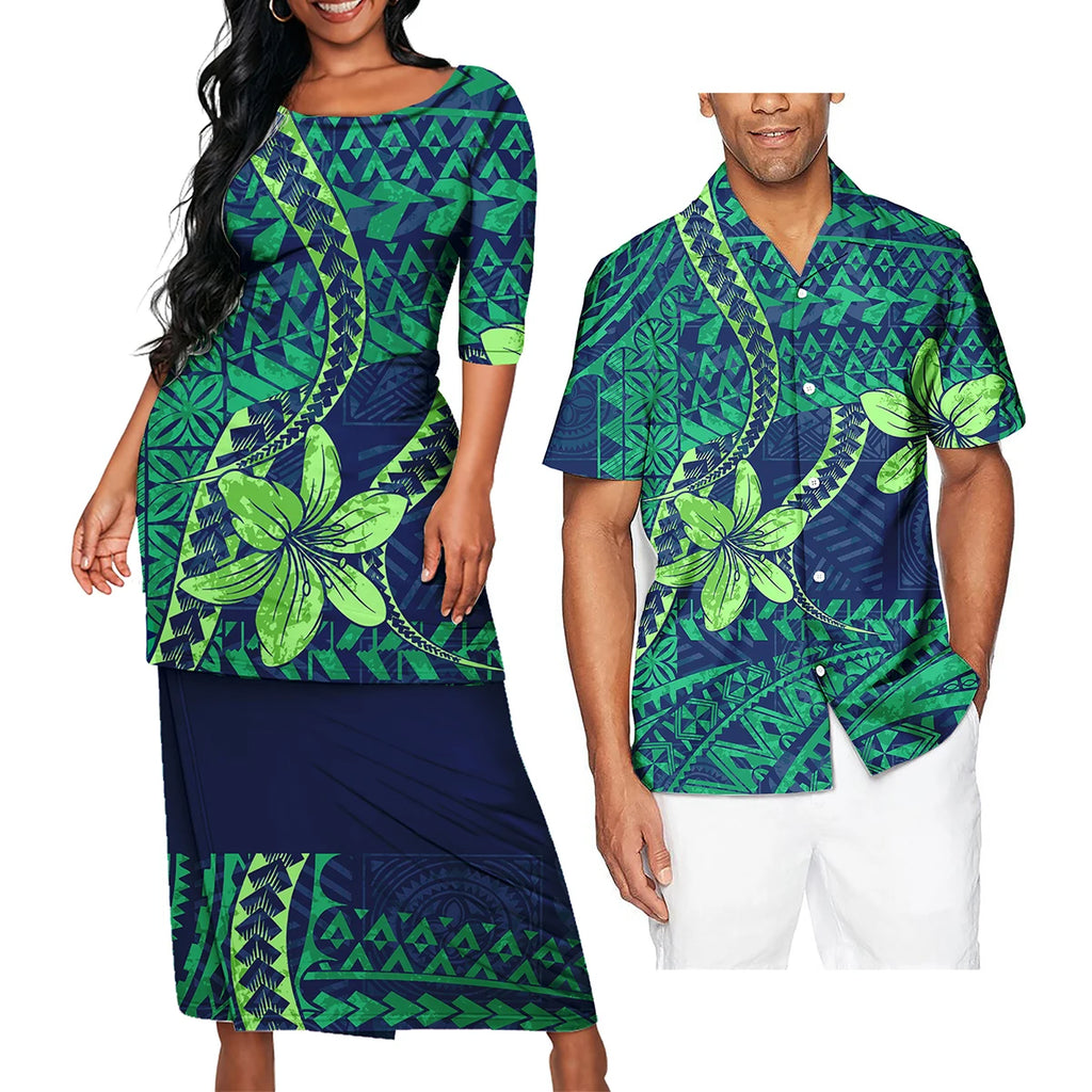 Polynesian Tribal Clothing Set Samoan Print Couple Clothing Set 2024 Girl's Party Casual Dresses Women Ladies Match Men Shirts