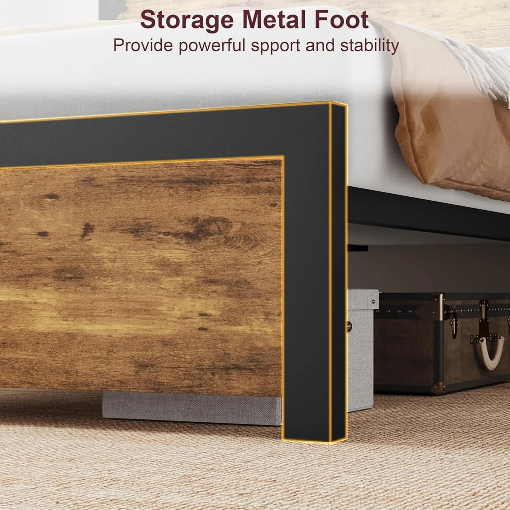 UK King Size Bed with Wooden Headboard, Platform King Bed Frame with Under-Bed Storage and Metal Legs, Noise-Free, No Box Spring
