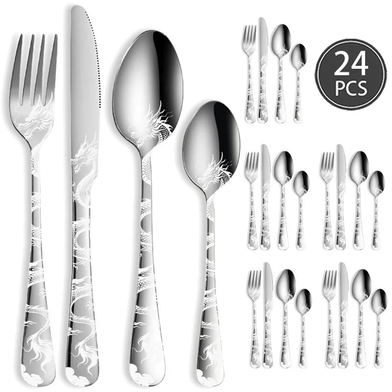 24/16 Pcs Premium Cutlery Set Laser Engraved Dragon Pattern Dinner Knife Fork Spoon Teaspoon for Festival Gifting Camping