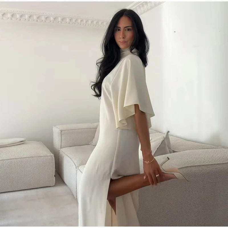 Solid Satin Maxi Dress Women Chic High Neck Batwing Sleeve Front Slit Loose Fit Dresses 2026 Summer Elegant Evening Party Gown