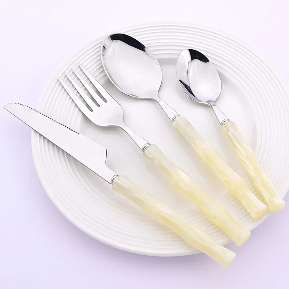 4Pcs Imitation Bamboo Handle Dinnerware Set Knife Fork Spoon Tableware Set Stainless Steel Cutlery Kitchen Flatware