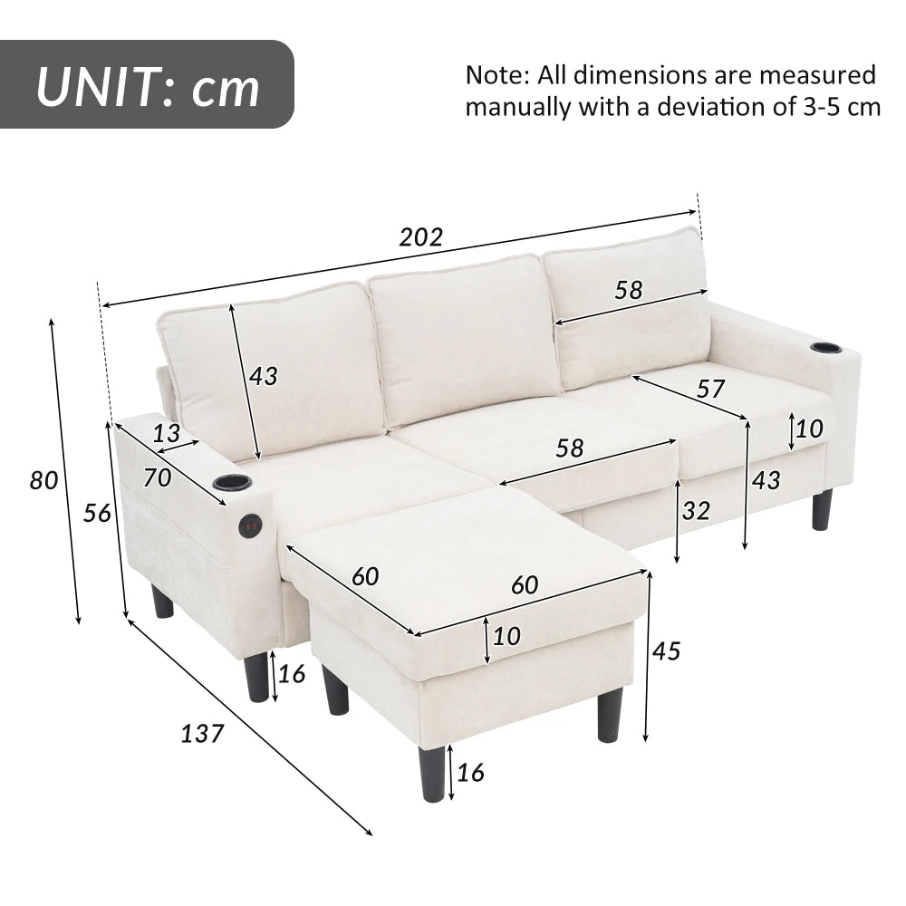 PINOOG L-Shaped Couch Sofa, Corner Sofa 3 Seater Sofa, Sectional Sofa Couches With USB, Cup Holder, For Apartment Living Room (Beige)