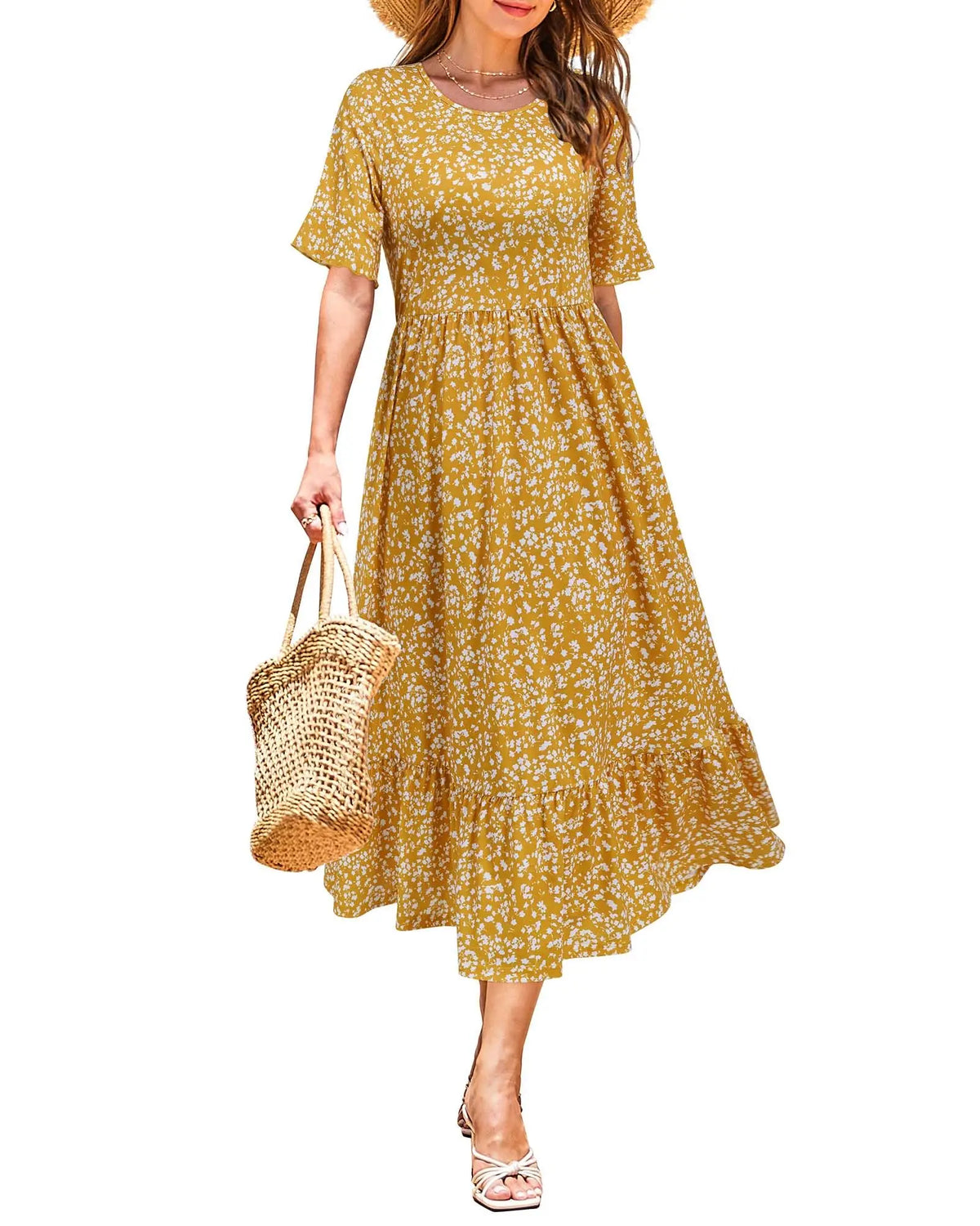 Women Summer Dress Floral Short Sleeve Casual Swing Midi Dress With Pockets