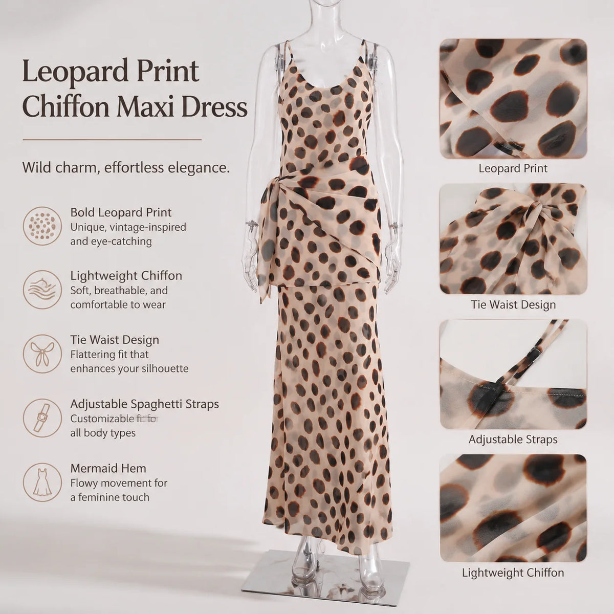 Elegant Animal Print Maxi Dress Detachable Scarf Spaghetti Strap Tie Waist Slim Fit Skirt Women Summer Party Vacation Outfit New