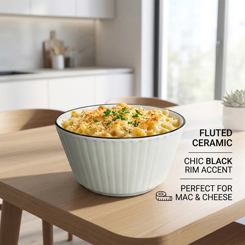 4PCS 6in Ceramic Bowls Set, White Black Rim Round Porcelain Tableware, Glossy Finish, Multi Safe Oven Microwave Dishwasher, for Home Dining, Ice Cream, Desserts, Snacks, Stackable, Noodles, Kitchen Table Decor, Party Tablewar