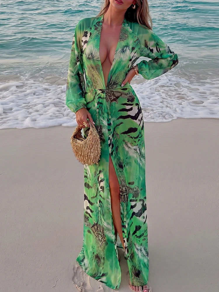 Sisterlinda Backless Long Dress Woman Autumn Trend Deep V-Neck Tiger Stripe Print Lantern Sleeve Beach Party Elegant Vestidos