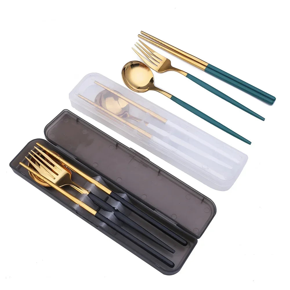 Portable Stainless Steel Spoon Fork Chopsticks Cutlery Set With Storage Box Travel Tableware For Coffee Fruit Dessert Snack