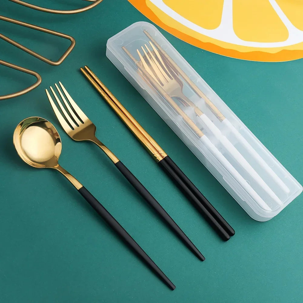 Portable Stainless Steel Spoon Fork Chopsticks Cutlery Set With Storage Box Travel Tableware For Coffee Fruit Dessert Snack