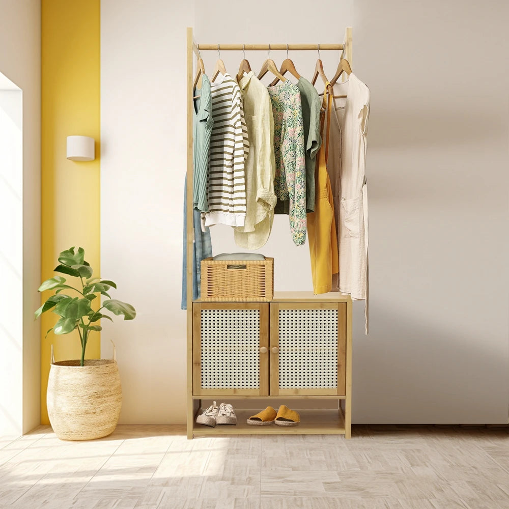 Free Standing Bamboo Clothes Rack Garment Coat Stand Shoe Storage Cabinet Shelf