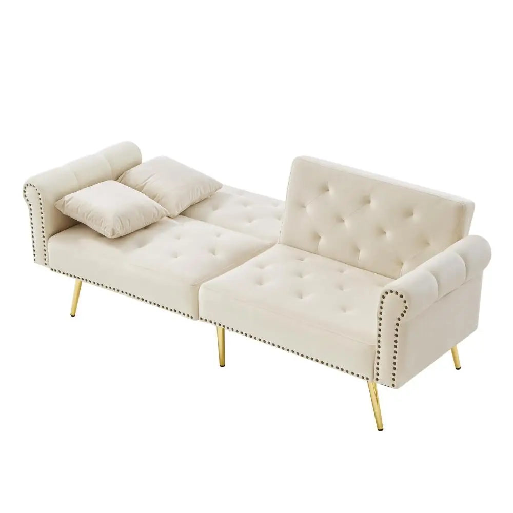 PINGGO Modern 2-Seater Sofa Bed – Velvet Upholstery, 3-Stage Adjustable Backrest & Gold-Plated Metal Feet Stylish Sofa