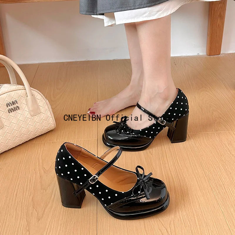 Platform Block Heels Polka Dot Women Mary Jane Shoes Concise Ankle Strap Shoes Spring Women's Elegant Butterfly-knot Dress Pumps