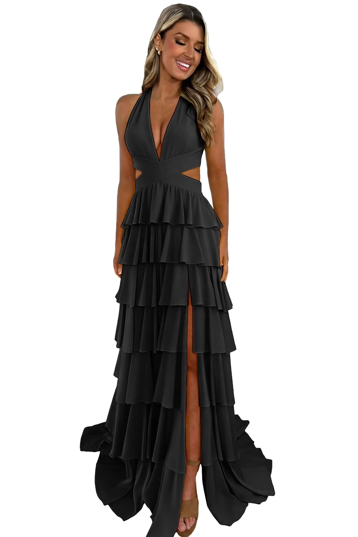 Customized Halter Tiered Ruffle Prom Dresses for Women 2026 Strapless Chiffon Long Formal Evening Party Gowns with Slit