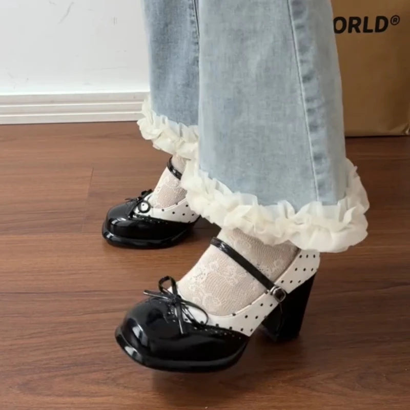 Platform Block Heels Polka Dot Women Mary Jane Shoes Concise Ankle Strap Shoes Spring Women's Elegant Butterfly-knot Dress Pumps