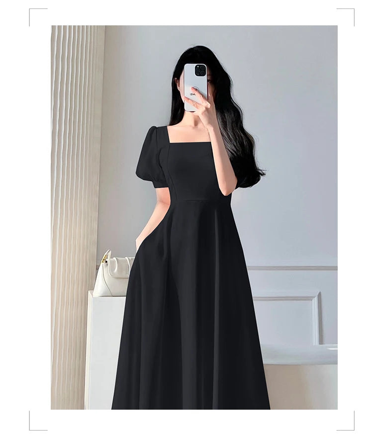Retro women's long dress party ball bubble sleeves square collar temperament slim fit long dress summer clothing