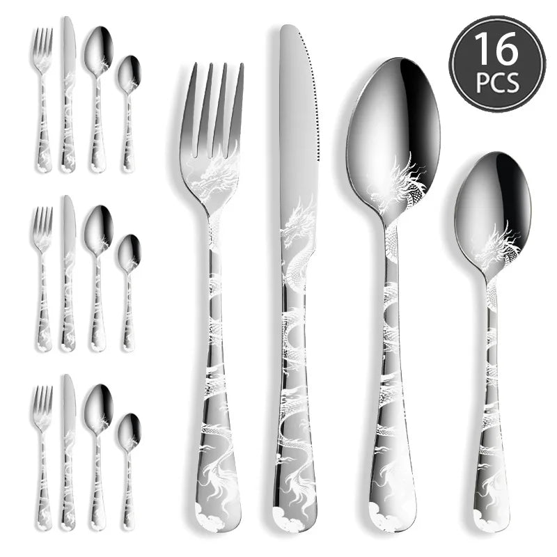 24/16 Pcs Premium Cutlery Set Laser Engraved Dragon Pattern Dinner Knife Fork Spoon Teaspoon for Festival Gifting Camping