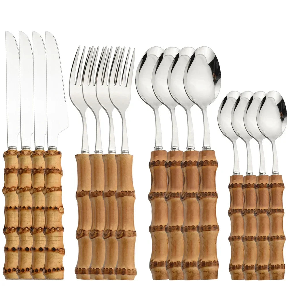16pcs Cutlery Set Stainless Steel Natural Bamboo Handle Dinnerware Kitchen Flatware Includes Forks Spoons Knives Tableware
