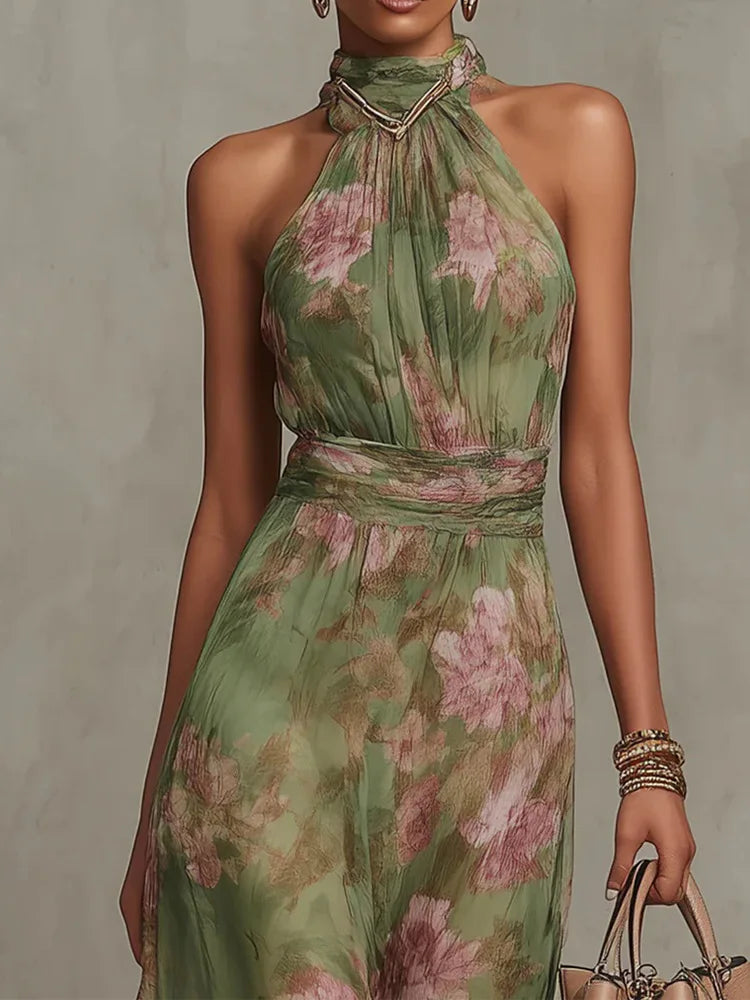 DFCF Fashion Sleeveless High Neck Ruched Waist Chiffon Flowy Evening Party Dress 2026 New Women Floral Print Halter Maxi Dress