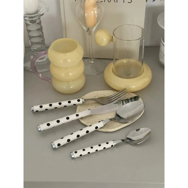 Korean Dotted Retro Stainless Steel Tableware 4-Piece Set, Western Steak Fork & Butter Spoon Household Dinner Cutlery Set