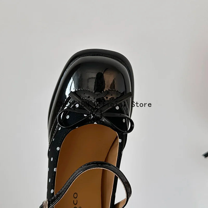 Platform Block Heels Polka Dot Women Mary Jane Shoes Concise Ankle Strap Shoes Spring Women's Elegant Butterfly-knot Dress Pumps