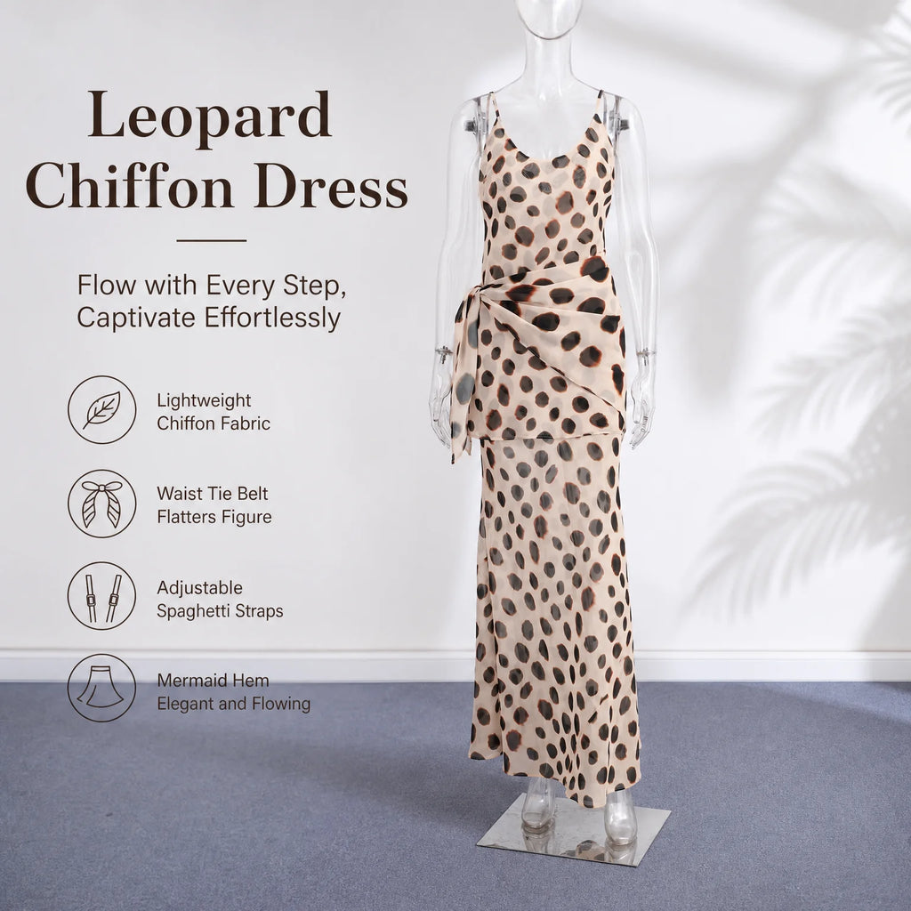 Elegant Animal Print Maxi Dress Detachable Scarf Spaghetti Strap Tie Waist Slim Fit Skirt Women Summer Party Vacation Outfit New
