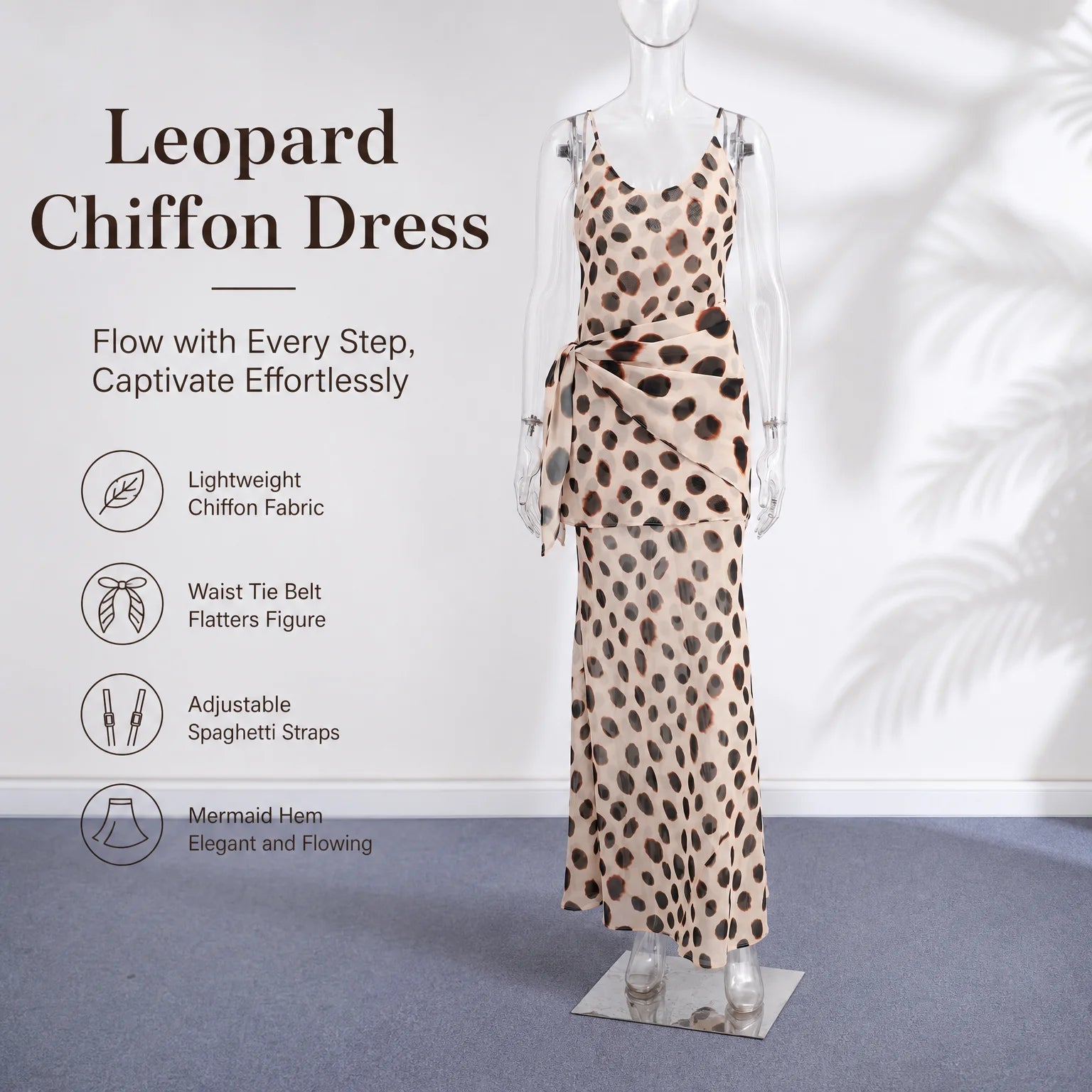 Elegant Animal Print Maxi Dress Detachable Scarf Spaghetti Strap Tie Waist Slim Fit Skirt Women Summer Party Vacation Outfit New