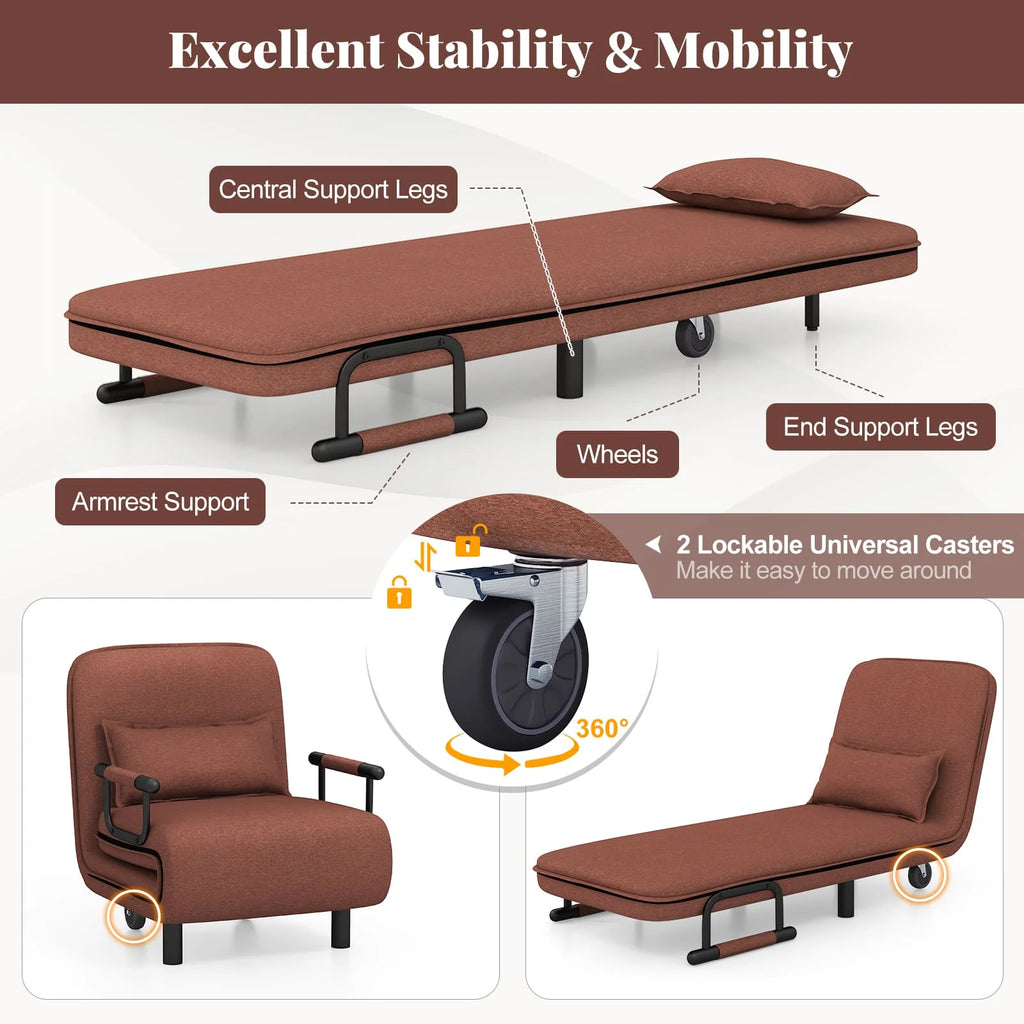 GOFLAME Single Folding Sofa Bed Chair Modern Fabric Sleep Function Holder With Pillow