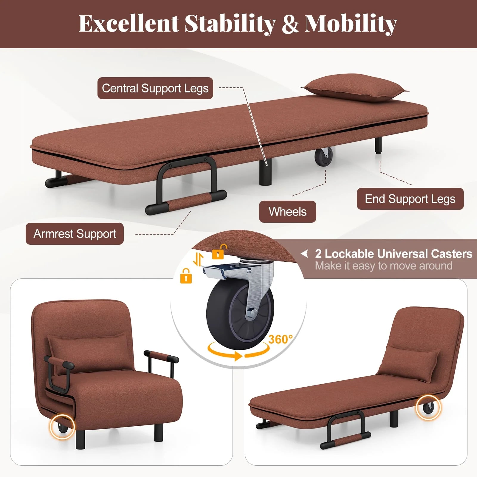 GOFLAME Single Folding Sofa Bed Chair Modern Fabric Sleep Function Holder With Pillow