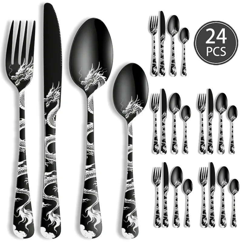 24/16 Pcs Premium Cutlery Set Laser Engraved Dragon Pattern Dinner Knife Fork Spoon Teaspoon for Festival Gifting Camping