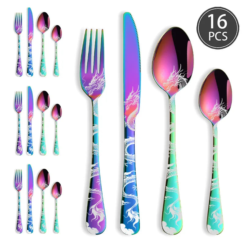 24/16 Pcs Premium Cutlery Set Laser Engraved Dragon Pattern Dinner Knife Fork Spoon Teaspoon for Festival Gifting Camping