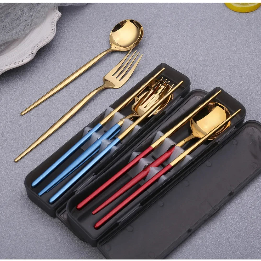 Portable Stainless Steel Spoon Fork Chopsticks Cutlery Set With Storage Box Travel Tableware For Coffee Fruit Dessert Snack