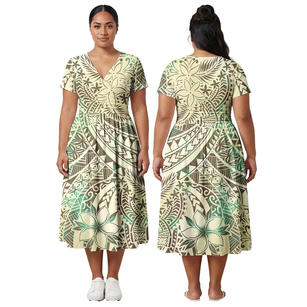 Custom Ladies Clothes Polynesian Midi Skirts Hawaiian Island Side Zipper Design Dress Samoan Women Tribal Short Sleeve Dresses