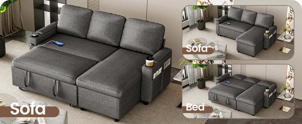 Sofa Bed, L-Shaped Sleeper Sectional Couch Bed,2-in-1 Convertible Pull Out Corner Sofa with Storage, USB, Cup Holder