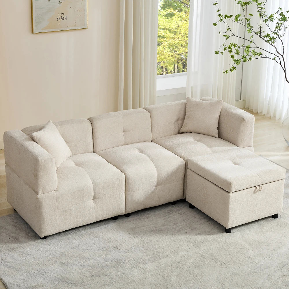 PINOOG L-Shaped Couch Sofa, Corner Sofa 3 Seater Sofa, Sectional Sofa Couches With USB, Cup Holder, For Apartment Living Room (Beige)
