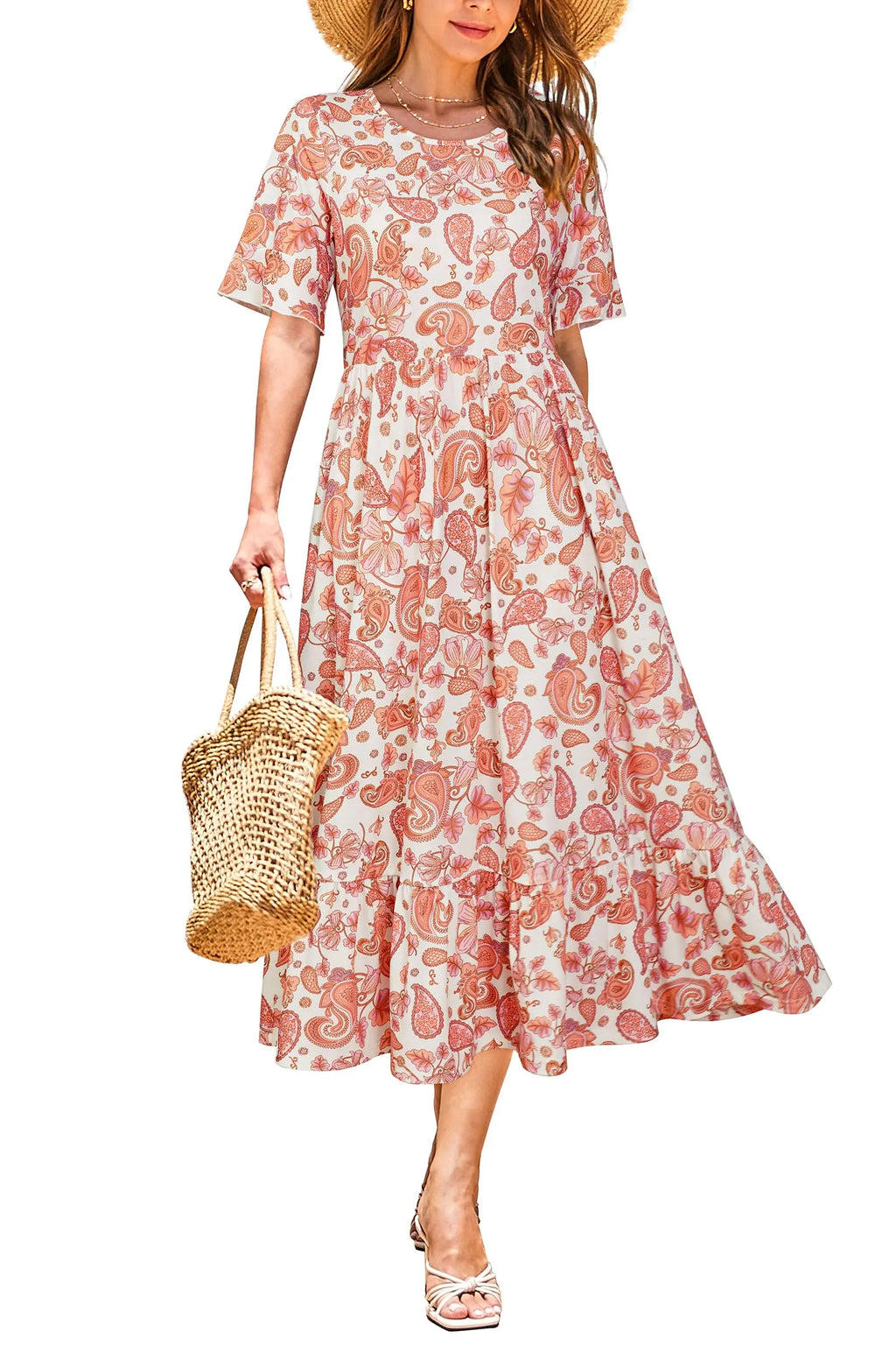 Women Summer Dress Floral Short Sleeve Casual Swing Midi Dress With Pockets