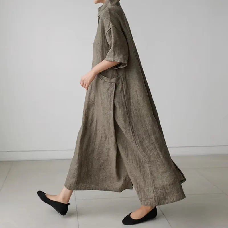 Women V‑Neck Midi Long Dress Short Sleeve Loose Dress With Pockets Casual Vacation Daily Streetwear Ladies Baggy Maxi Dresses