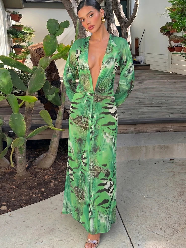 Sisterlinda Backless Long Dress Woman Autumn Trend Deep V-Neck Tiger Stripe Print Lantern Sleeve Beach Party Elegant Vestidos