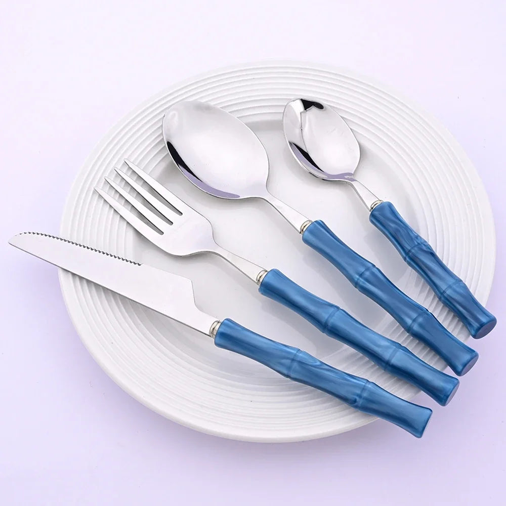 4Pcs Imitation Bamboo Handle Dinnerware Set Knife Fork Spoon Tableware Set Stainless Steel Cutlery Kitchen Flatware