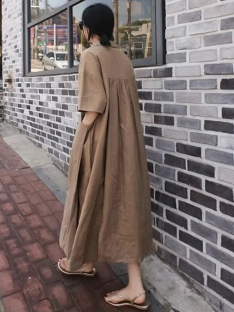 Women V‑Neck Midi Long Dress Short Sleeve Loose Dress With Pockets Casual Vacation Daily Streetwear Ladies Baggy Maxi Dresses
