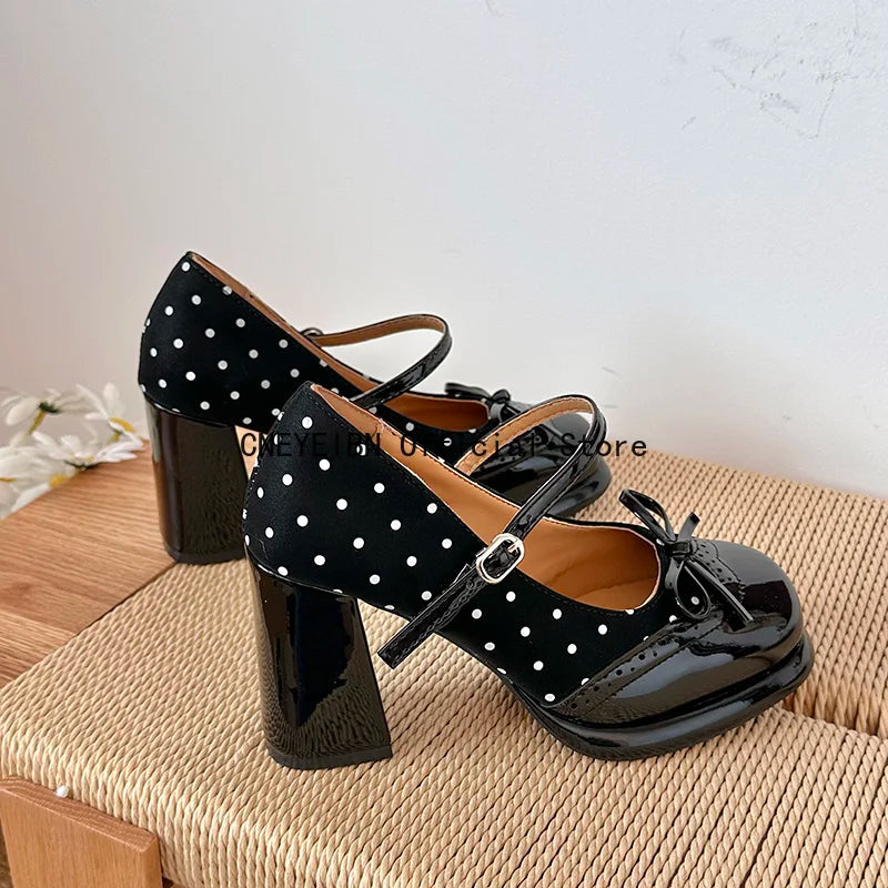 Platform Block Heels Polka Dot Women Mary Jane Shoes Concise Ankle Strap Shoes Spring Women's Elegant Butterfly-knot Dress Pumps