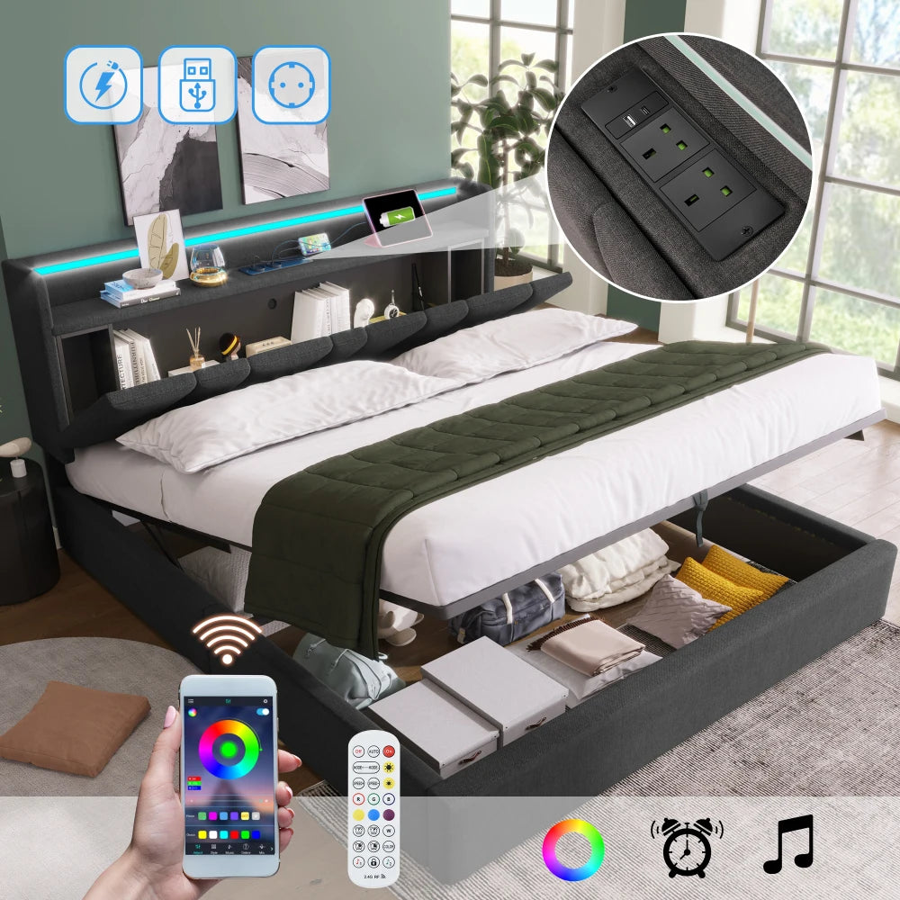 PINGGO Upholstered Double Bed with USB Charging Storage Headboard LED Lighting Bed Frame Wooden Slatted Grey (No Mattress)